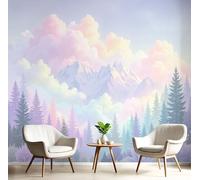 DACRWEKZ Papier Peint Panoramique Style rêveur et guérisseur Montagnes enneigées, nuages et forêts, 200x140cm Soie Murale pour Salon Chambre d'enfants Restaurant Décoration Murales, Rose