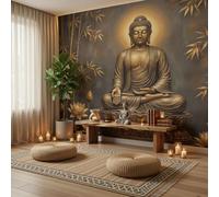 DACRWEKZ Papier Peint Panoramique Style Zen chinois Forêt de bambous, statue de Bouddha, lotus 300x210cm | Papier Peint soie Moderne Mode Géant 3D Décoration Murale