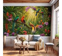 DACRWEKZ Papier Peint Panoramique Vent la forêt tropicale humide 400x280cm - Décoration Murale Feuille fougère orchidée oiseau | Tapisserie Murales Papier Peint Soie pour Chambre Salon