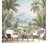 DACRWEKZ Papier Peint Panoramique Vert clair 450x356cm - Revêtement Mural Pour Chambre Salon - Style tropical - plantes et fleurs de la jungle - Paysage Végétal Simple - Motif Personnalisé Murale