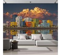 DACRWEKZ Papier Peint Soie Architecture Urbaine Des Maisons Se Reflètent Dans Le Lac 300x210cm Papier Peint Panoramique Grandes Poster Mural Photo pour Salon, Chambre, Décor Fond TV Jaune