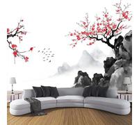 DACRWEKZ Papier Peint Soie Fleurs de prunier sur la montagne 350x256cm Papier Peint Panoramique Style japonais simple Tableaux Décoration Murale pour Salon, Chambre, Décor Fond TV - Noir et blanc