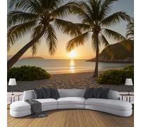 DACRWEKZ Papier peint Soie Palm Tree Beach 350x256cm Décoration Murale Poster Tableaux Muraux Tapisserie Panoramique Photo zones côtières tropicales Paysage Papiers peints Nature jaune