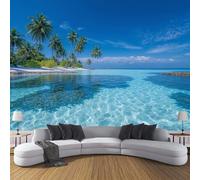 DACRWEKZ Papier Peint Soie Palmiers eau de mer 200 x 140 cm Papier Peint Panoramique océans tropicaux Tableaux Décoration Murale pour Salon, Chambre, Décor Fond TV - bleu