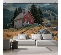 DACRWEKZ Papier Peint Soie Panoramique chalet de montagne, 300x210cm,paysage pastoral Mural Personnalisé, Rouge et vert, pour Salon Chambre restaurant Décoration Murale