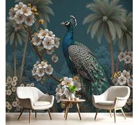 DACRWEKZ Papier Peint Soie Panoramique Palmier paon, 400x280cm, Rétro exotique Mural Personnalisé, bleu-vert, pour Salon Chambre restaurant Décoration Murale