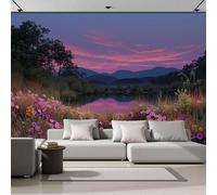 DACRWEKZ Papier Peint Soie Panoramique Paysages De Rêve, 200x140cm, Paysages Et Fleurs Au Bord Du Lac Mural Personnalisé, Rose-Violet, pour Salon Chambre restaurant Décoration Murale