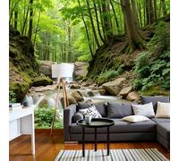 DACRWEKZ Papier Peint Soie Panoramique Paysages naturels, 300x210cm, Ruisseau forestier Mural Personnalisé, Vert, pour Salon Chambre restaurant Décoration Murale