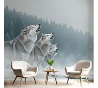 DACRWEKZ Papier Peint Soie Panoramique Photographie Animalière, 300x210cm, Des Loups Dans La Neige Mural Personnalisé, Gris, pour Salon Chambre restaurant Décoration Murale