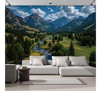 DACRWEKZ Papier Peint Soie Panoramique Rivière de la vallée, 400x280cm,paysage naturel Mural Personnalisé, vert, pour Salon Chambre restaurant Décoration Murale