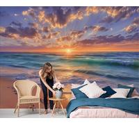 DACRWEKZ Papier Peint Soie Paysage côtier Coucher de soleil à la plage 400x280cm Papier Peint Panoramique Grandes poster Mural Photo pour Salon, Chambre, Décor Fond TV, Jaune