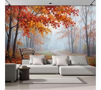 DACRWEKZ Papier Peint Soie Paysages d'automne Banc du chemin des feuilles d'automne 350x256cm Papier Peint Panoramique Grandes poster Mural Photo pour Salon, Chambre, Décor Fond TV, Orange-rouge