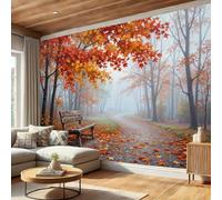 DACRWEKZ Papier Peint Soie Paysages d'automne, Papier Peint Panoramique Banc du sentier des feuilles d'érable Orange-rouge pour Salon Chambre Bureau Couloir, Décoration Murale, 300x210cm