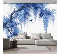 DACRWEKZ Papier Peint Soie Peinture à l'encre orientale Oiseaux et vignes violettes 200x140cm Papier Peint Panoramique Grandes poster Mural Photo pour Salon, Chambre, Décor Fond TV, Bleu