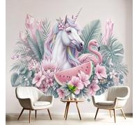DACRWEKZ Papier Peint Soie Plantes et fleurs 300 x 210 cm Papier Peint Panoramique Licorne Flamant Rose Décoration Murale pour Salon, Chambre, Décor Fond TV