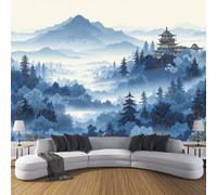 DACRWEKZ Papier peint Soie sommets et oiseaux des montagnes 350x256cm Décoration Murale Poster Tableaux Muraux Tapisserie Panoramique Photo style chinois Paysage Papiers peints Nature bleu clair