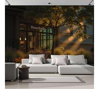 DACRWEKZ Papier Peint Soie Vue De Rue De La Ville Poutres De L'Arbre Du Café 350x256cm Papier Peint Panoramique Grandes Poster Mural Photo pour Salon, Chambre, Décor Fond TV Couleur Orange