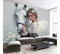 DACRWEKZ Papier Peint Style conte de fées onirique, Daisy, la fille au cheval blanc Photo Décoration Murale, Blanc Papier Peint Soie Poster Tableaux, Pour Salon Chambre à Coucher Cuisine 300x210cm