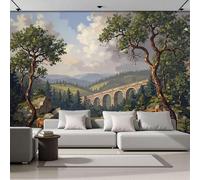 DACRWEKZ Papier Peint Troupeau De Bétail Du Pont En Arc De La Vallée Paysages Britanniques Panoramique 3D Papier Peint Vert Murale Salon Chambre à Coucher Maison Décoration Intérieure (300x210cm)