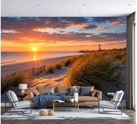 DACRWEKZ Papier Peint Vent du coucher de soleil côtier Panoramique 3D Plage herbes sauvages phare Papier Peint Couleur orange Murale Salon Chambre à Coucher Maison Décoration Intérieure 200x140cm