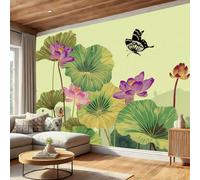 DACRWEKZ Papier Peints Panoramique Fleurs de lotus, feuilles de lotus, papillons, Poster Geant Mural Personnalisé 3D, Thème Peinture traditionnelle chinoise Pour Salon Chambre, Vert Murales 200x140cm