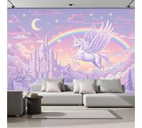 DACRWEKZ Papiers Peint Panoramique style conte de fées onirique Papier peint rose Papiers peints Soie Motif Château Licorne Arc-en-ciel papier peint chambre enfant Décoration Murale 400x280cm