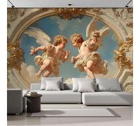 DACRWEKZ Papiers Peint Panoramique style de peinture à l'huile rétro Papier peint or blanc Papiers peints Soie Motif Soulagement de l'ange papier peint chambre enfant Décoration Murale 350x256cm