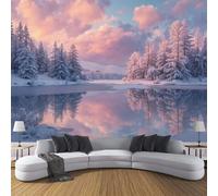 DACRWEKZ Peint Panoramique Arbres sur le lac, Papier Peint jaune pâle Motif Paysages d'hiver, Tapisserie Panoramique Salon Canapé Fond, Décoration Murale Chambre, 300x210cm