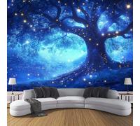 DACRWEKZ Peint Panoramique Illustrations fantastiques, Papier Peint bleu Motif lucioles des arbres, Tapisserie Panoramique Salon Canapé Fond, Décoration Murale Chambre, 150 x 105 cm