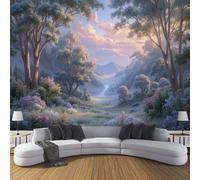 DACRWEKZ Peint Panoramique Montagnes et arbres, Papier Peint violet clair Motif Paysages de rêve, Tapisserie Panoramique Salon Canapé Fond, Décoration Murale Chambre, 350x256cm