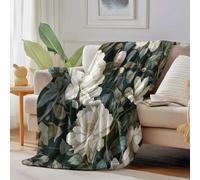 DACRWEKZ Pivoine Magnolia Fleurs Naturelles Plaid en Flanelle - Couverture Douce, Moelleuse et Chaude Vert foncé pour Lit & Canapé - 220 x 240cm