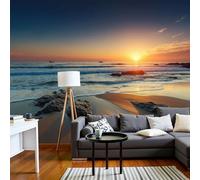 DACRWEKZ Plage Au Coucher Du Soleil Papier Peint Panoramique Photographie De Paysage Papier Peint Soie Raccord Poster Geant Mural 450x356cm pour Salon Chambre d'enfants restaurant Décoration Murale
