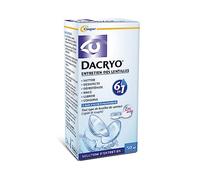 DACRYO- Solution d'entretien des lentilles 6 en 1 - Nettoie, désinfecte, déproténise, rince, lubrifie, conserve - Lentilles de contact - Acide Hyaluronique - Etui inclus - Flacon-Format voyage 50 ml