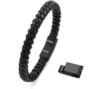 Dada Gioielli - Bracelet en Cuir pour Homme - avec Acier Argenté ou Noir Satiné - Chaîne Cubaine Tressée Hypoallergénique - Réglable avec Fermeture Magnétique., Noir