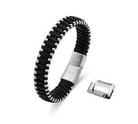 Dada Gioielli - Bracelet Homme en Cuir Noir Véritable avec Perles en Acier Inoxydable Poli ou en Satin Argenté Hypoallergénique, Fermeture Magnétique - Réglable 20-21cm, argent brillant