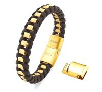 Dada Gioielli - Bracelet Homme en Satin Doré - également disponible en Argent ou Noir - Cuir Véritable Brun ou Noir - Chaîne tressée en Acier Inoxydable Hypoallergénique Réglable 20-21cm, Or