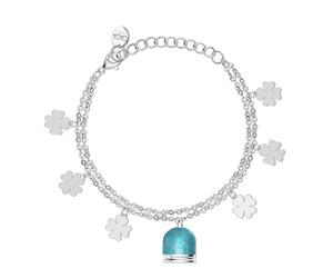 Dada Gioielli - Bracelet Trèfle Quatre Feuilles avec Cloche Turquoise Porte-bonheur pour Cadeau de Fin d'études - Anniversaire - Amitié,17+3 cm, peut être Combiné avec un Collier ou Boucles d'Oreilles