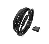 Dada Gioielli - Bracelets Homme en Cuir Multicouche - Acier Inoxydable Hypoallergénique Doré ou Satiné Noir, Chaîne en Cuir Véritable Tressé Multibrins 21cm Réglable - Fermeture Magnétique, Noir