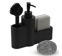 Dadabig Distributeur Liquide Vaisselle 4 en 1, Porte Eponge pour Cuisine Distributeur Savon Cuisine avec Éponge, Brosse et Boule de Nettoyage pour Comptoir de Cuisine, Contenance 200ml, Noir