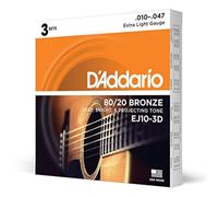 D'Addario Cordes Guitare Acoustique - Corde Guitare Folk - EJ10-3D - Cordes en Bronze pour Guitare Acoustique - Bronze Phosphoreux 80/20 - Très Léger 10-47 - 3-Pack