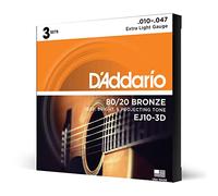 D'Addario Cordes Guitare Acoustique - Corde Guitare Folk - EJ10-3D - Cordes en Bronze pour Guitare Acoustique - Bronze Phosphoreux 80/20 - Très Léger 10-47 - 3-Pack