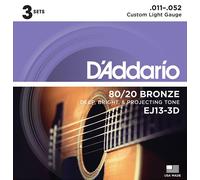 D'Addario Cordes Guitare Acoustique | Corde Guitare Folk | EJ13-3D | Cordes pour Guitare acoustique | Bronze 80/20 | Custom Light, 11-52 - 3-Pack
