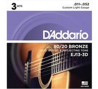 D'Addario Cordes pour guitare acoustique EJ13-3D Bronze 80/20 Custom Light 11-52 – 3 jeux