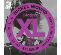 D'Addario - Cordes pour guitare électrique EXL120-3D Nickel Wound Super Light 9-42 Pack de 3