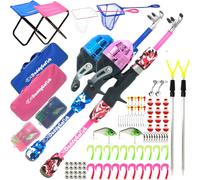 DaddyGoFish Enfants Canne à pêche télescopique Spincast Combo Chaise Pliable Porte-Canne boîte à appâts Filet et Sac de Transport garçons et Filles - Paquet de 2, Bleu + Rose, 5ft