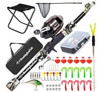 DaddyGoFish Enfants Canne à pêche télescopique Spincast Combo Chaise Pliable Porte-Canne boîte à appâts Filet et Sac de Transport garçons et Filles - Noir, 4ft
