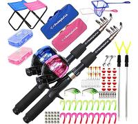 DaddyGoFish Enfants Canne à pêche télescopique Spincast Combo Chaise Pliable Porte-Canne boîte à appâts Filet et Sac de Transport garçons et Filles - Paquet de 2, Bleu + Rose, 5ft