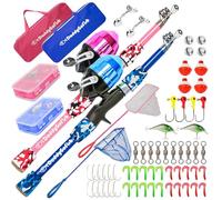 DaddyGoFish Ensemble Canne à pêche et Moulinet pour Enfants, Coffret de matériel de pêche, Petit équipement de première année pour garçons et Filles débutants (Ensemble Essentiel, Bleue + Rose, 5ft)