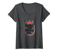 Daddys Little Birthday Girl Dad of The Birthday Girl Couronne T-Shirt avec Col en V, Femme, Chiné Foncé, L