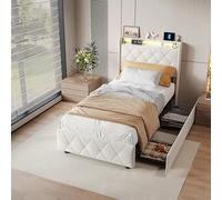 DADEA Lit Rembourré 90x200 avec 2 Tiroir, Lit Capitonné 90x200 avec USB LED, Lits Adulte 1 Place avec RangementLit Une Place avec Sommier Cadre de Lit1 Personnes avec Éclairage, sans Matelas